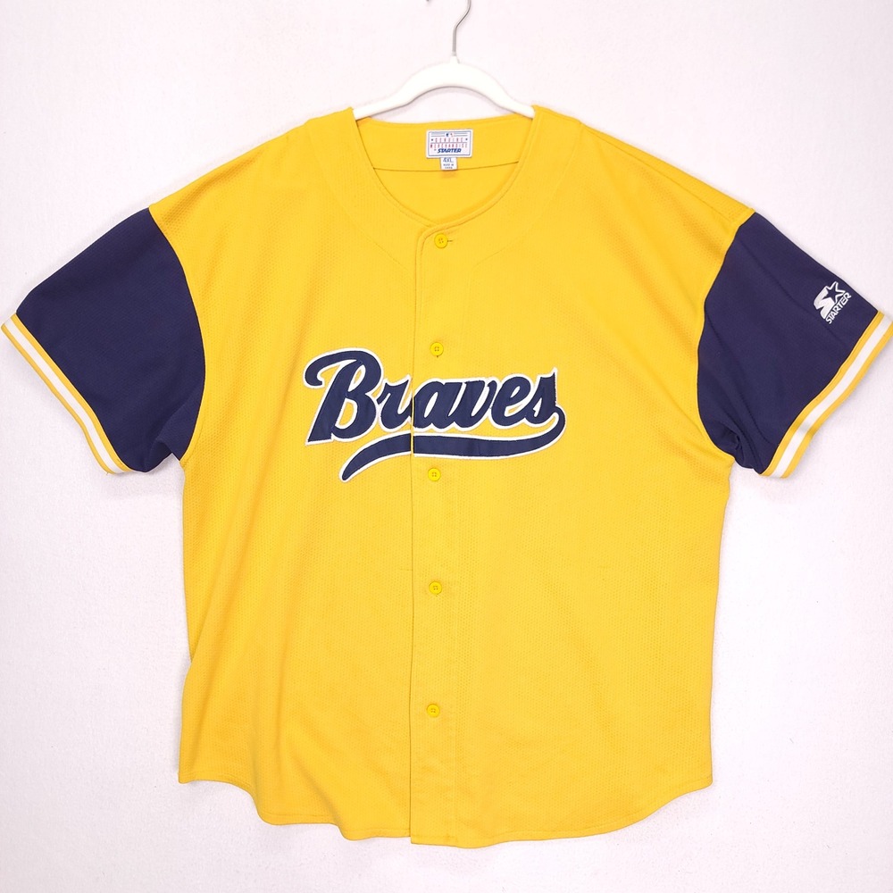 Starter Atlanta Braves Baseball Throwback Jersey Mens 4XL Yellow Blue Button MLB
